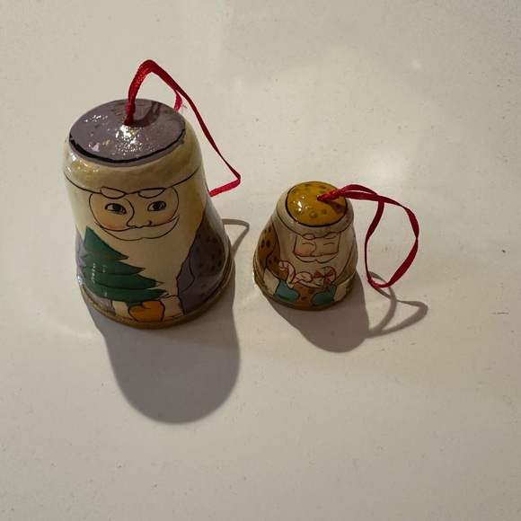 Hand Painted Wood Russian Santa Bell Bells Ornament Set of 2 Pair Artisan - Picture 2 of 3